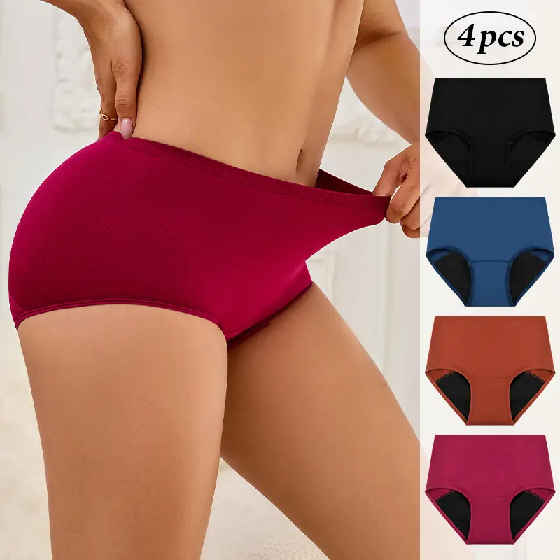 4 Pack Women's Period Panties - Ultra-Soft, Super Absorbent & Leak-Proof Mid-Rise Underwear, Breathable Comfort for Heavy Flow Days Solid Color Underwear Highquality Fabric
