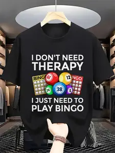 Cotton Men'S Vintage-Style Bingo Graphic T-Shirt - Stretchy Knit Fabric, Round Neck, Short Sleeve, Sporty & Stylish for Casual Wear, PLUS SIZE