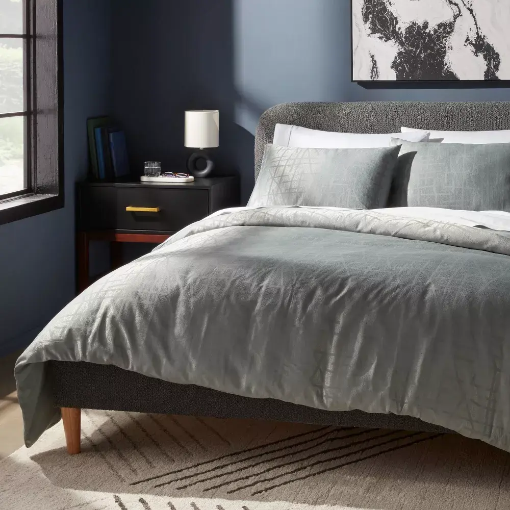 3pc Full/Queen Luxe Jacquard Duvet Cover and Sham Set Light Teal Green - Threshold: Cotton Blend 240 Thread Count Hidden Button Closure