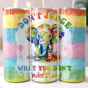 Autism Awareness Tumbler - Don't Judge What You Don't Understand 20 oz Stainless Steel Colorful Elephant Design Drinkware