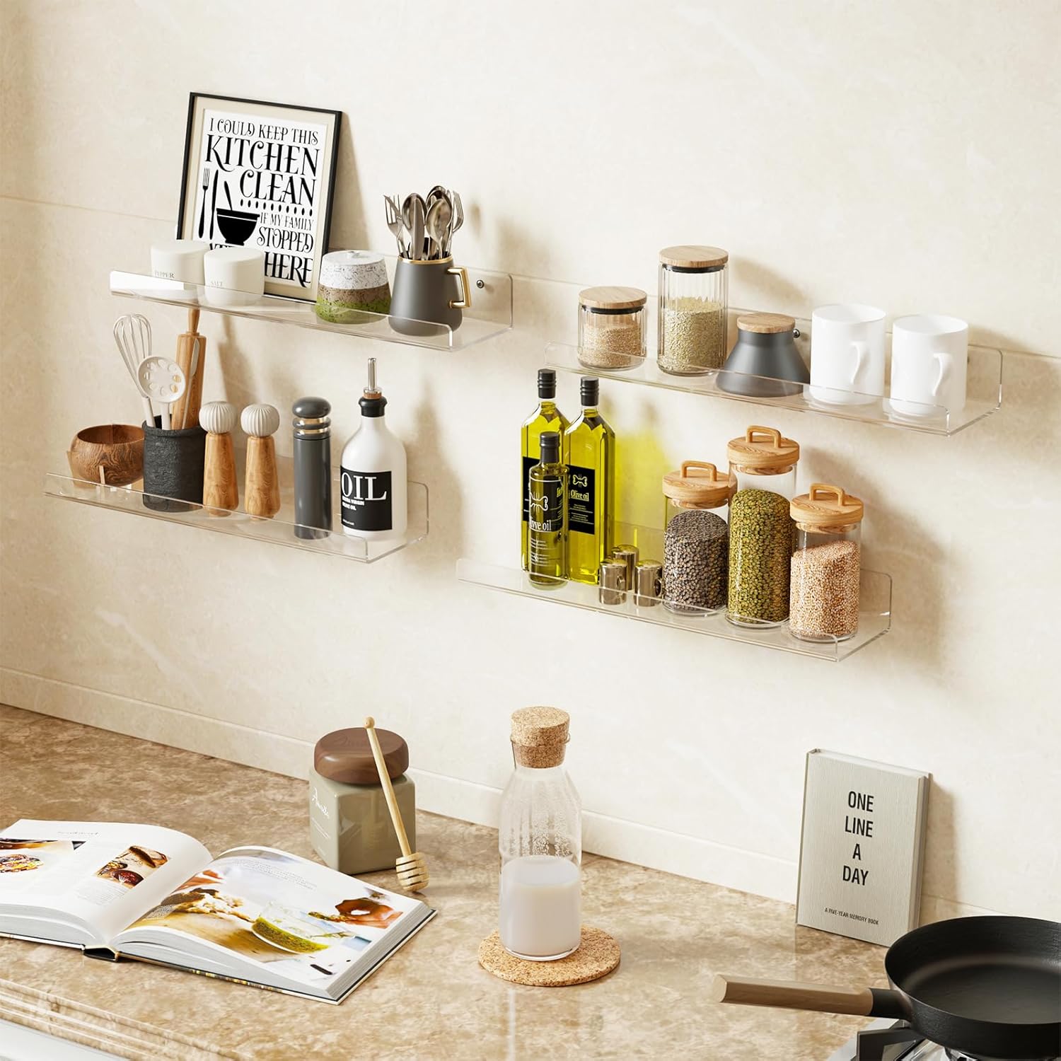 4 Pack Floating Shelves for Wall 15” Clear Acrylic Wall Shelf, Invisible Book Shelves, Wall Display Organizer, Home Decor Gift for Bedroom, Bathroom, Kitchen