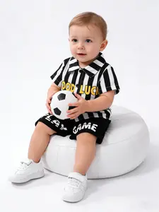 Baby Boys Striped Short Sleeve Shirt Set, Good Luck Letter Collar Top & Play Game Shorts, Casual Summer Baby Clothing