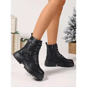 Women's Brown Faux Leather Combat Ankle Boots, Double Buckle & Side Zipper Detailed, Chunky Sole, Lace - Up Footwear for Daily Wear & Casual Outfits