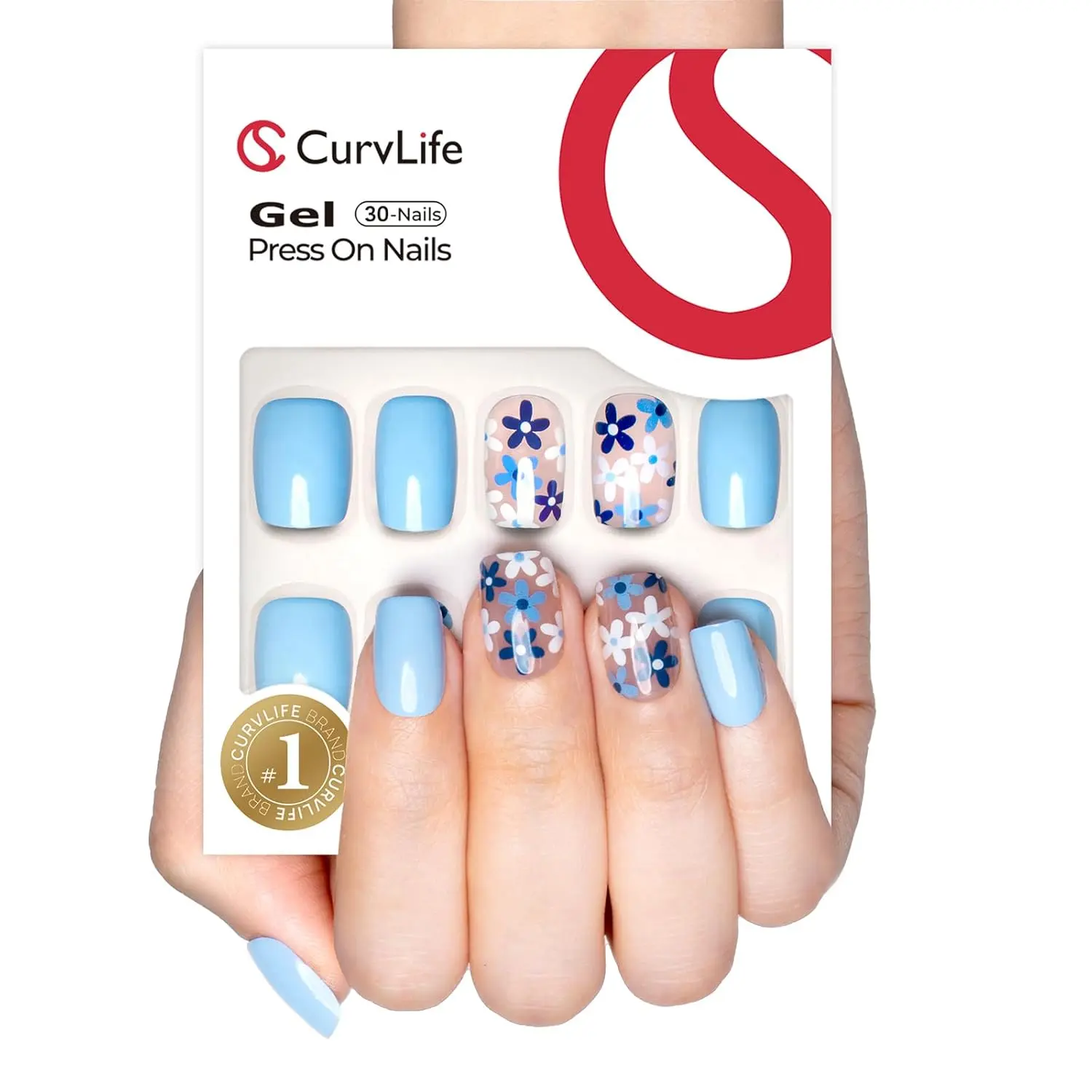 Curvlife short squoval floral Nail Art Press On Nails patterns prints nude glossy shiny for spring 2 Week Wear