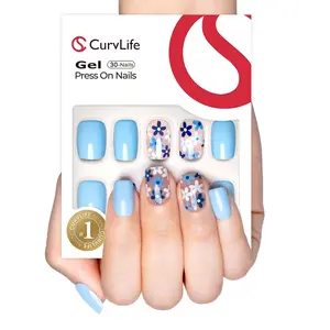 Curvlife short squoval floral Nail Art Press On Nails patterns prints nude glossy shiny for spring 2 Week Wear