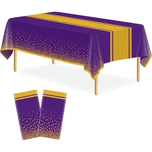 2 Pack Purple and Gold Tablecloth Party Decorations Plastic Purple Tablecloth Printed Gold Table Runner 54 x108 Inch Disposable Rectangle Table Cover for Birthday Wedding Graduation