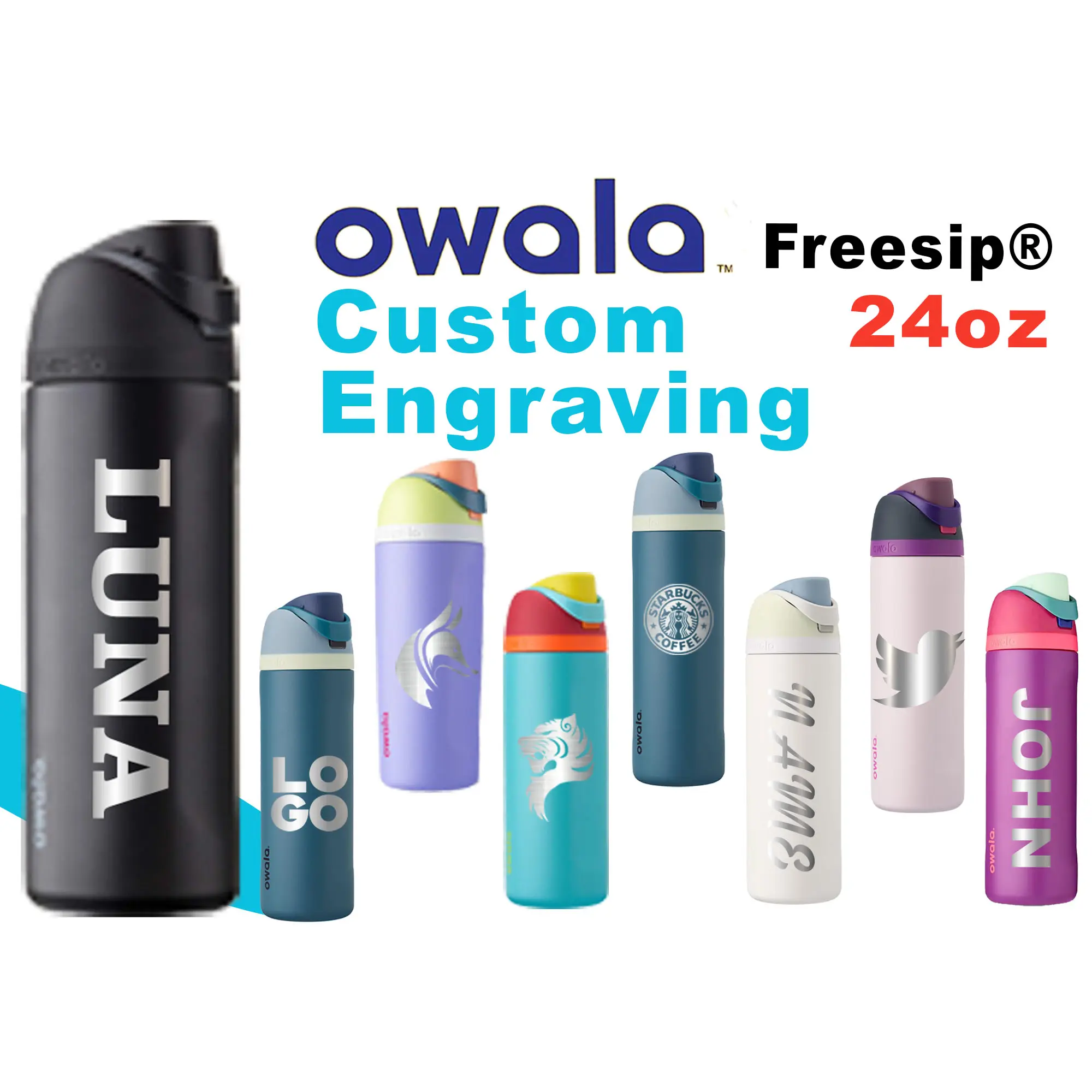 Owala 24oz FreeSip Insulated Water Bottle - Laser Engraved Stainless Steel with Straw - Best for Travel Sports & Gym - Personalized Custom Engraving Available