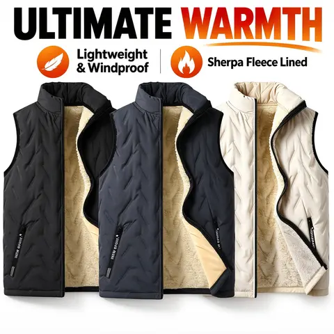 Men's Vintage Regular-Cut Thick Wool Warming Waistcoat Gilet - Fleece-Lined, Warm Stand-Up Collar, Ultrasonic-Stitched Winter Outerwear, Warming Waistcoats & Gilets