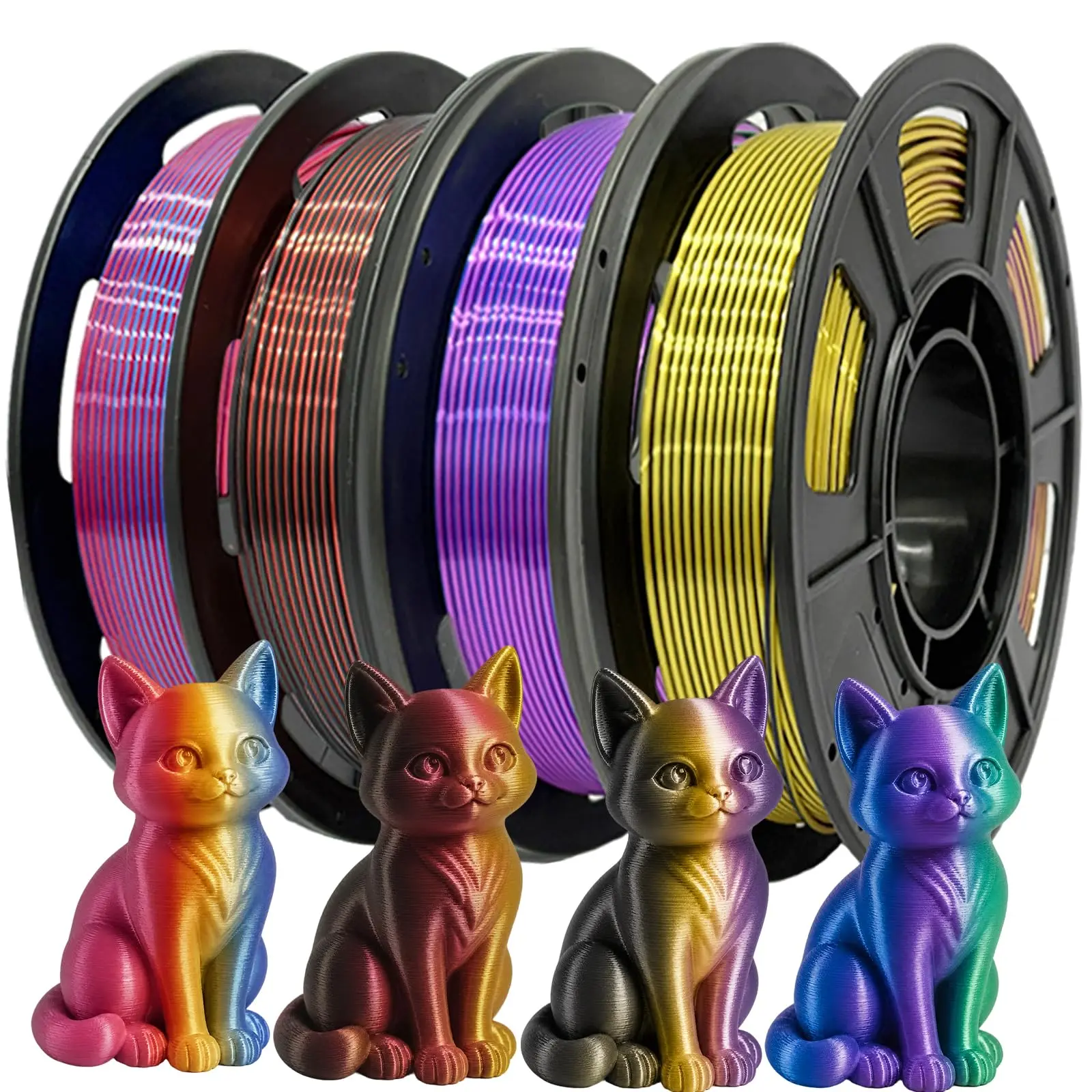 Tricolor Silk PLA+ 3D Printer Filament Bundle, Shiny Silk PLA+ Filament 1.75mm, Shiny Multicolor Transition, Multicolor PLA+ Filament for Christmas Decorations - 4 Spools 250g Each