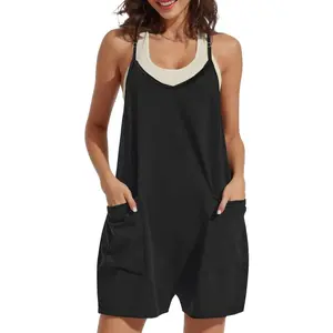 Lady's Basic Loose-Fitting Solid V-Neck Sleeveless Halter Overalls, Summer Casual Sexy Thin Shoulder Strap Shorts Jumpsuit with Pockets, Minimalist Women's Clothes