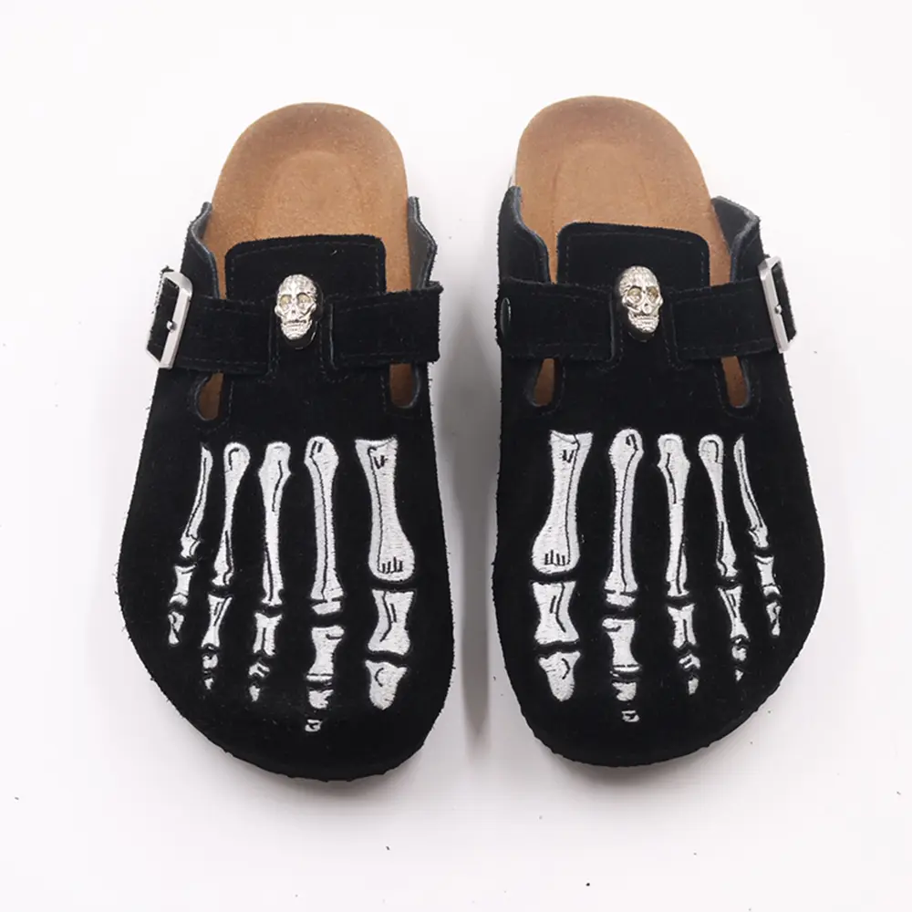 Men's Edgy Black Suede Funky Clogs - Skeleton Foot & Skull Details, Punk Gothic Slip-On Mules, Y2K Streetwear Vintage Crafted Footwear