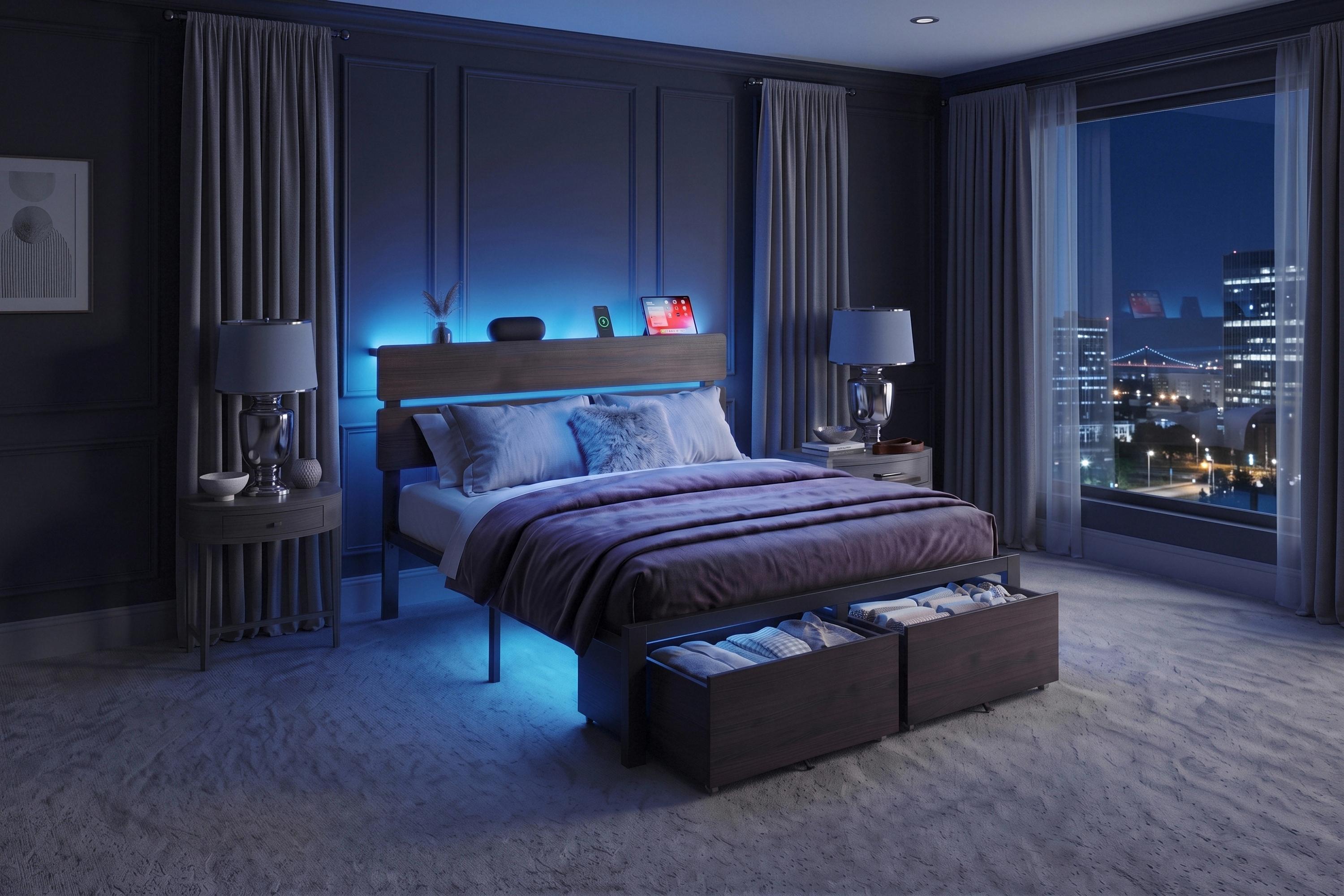MUTICOR LED Bed Frame with 2 Fabric Storage Drawers, Charging Station & MDF Storage Headboard, Steel Slat Platform Bed with Underbed Storage, No Box Spring Needed