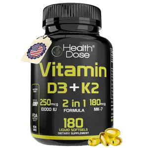 Health Dose Vitamin D3 10,000 IU + K2 (MK7)  2-in-1 formula, Immune Support, Heart, Joint, Bone Health, Calcium Absorption 180 Softgels