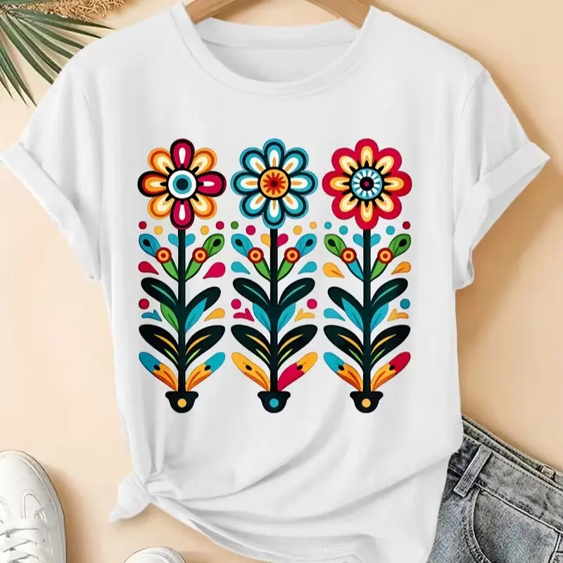 Women Vibrant Mexican Folk Art Three Ethnic Floral Graphic T-Shirt Soft Red Cotton Short Sleeve Top Bohemian Fiesta Floral Casual Daily Wear Tee