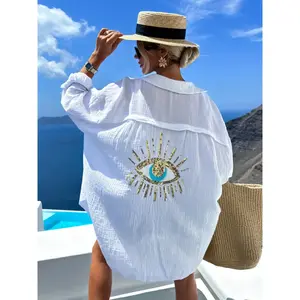 Women's Eye&Sun design sequined pocket shirt, spring and autumn casual loose V-neck long sleeved top, fashionable women's daily wear, beautiful women's shirt, women's clothingRAIMENTRY