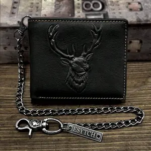 Mens Vintage Leather Biker Wallet Deer Card Holder Wallet With Chain for Mens