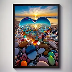 Printed Painting, 1 Piece Colorful Pebble Heart Sunset Beach Canvas Art Print  Vibrant Wall Decoration for Living Room, Bedroom, Office or Bar  Waterproof Wooden Frame Poster  Unique Gift Idea  Serene Seaside Scene with Colorful Stones and Sunlit Sky,