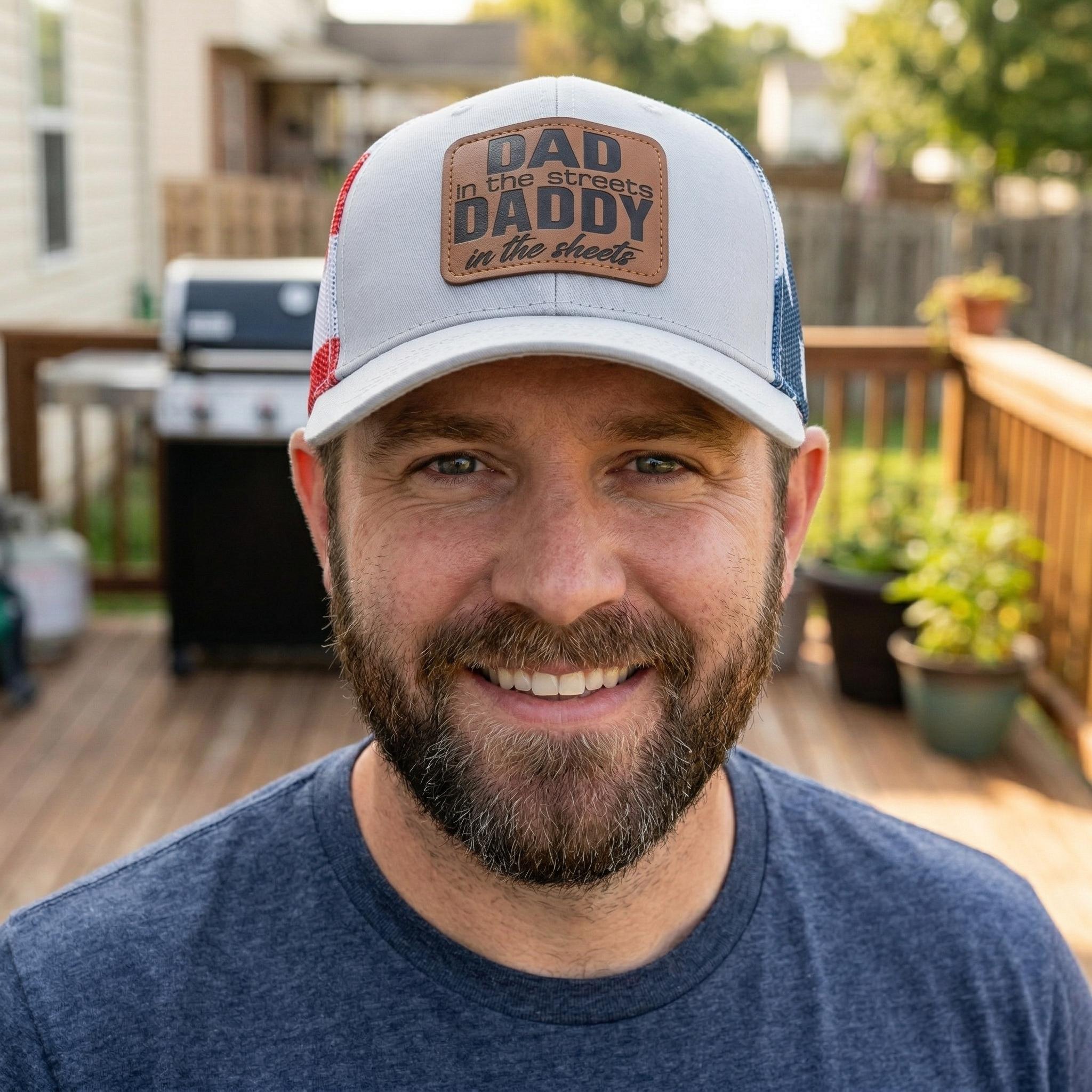 Best Husband Gift EVER!  Funny "Daddy" Leather Patch Hat  American Flag Mesh Trucker Cap