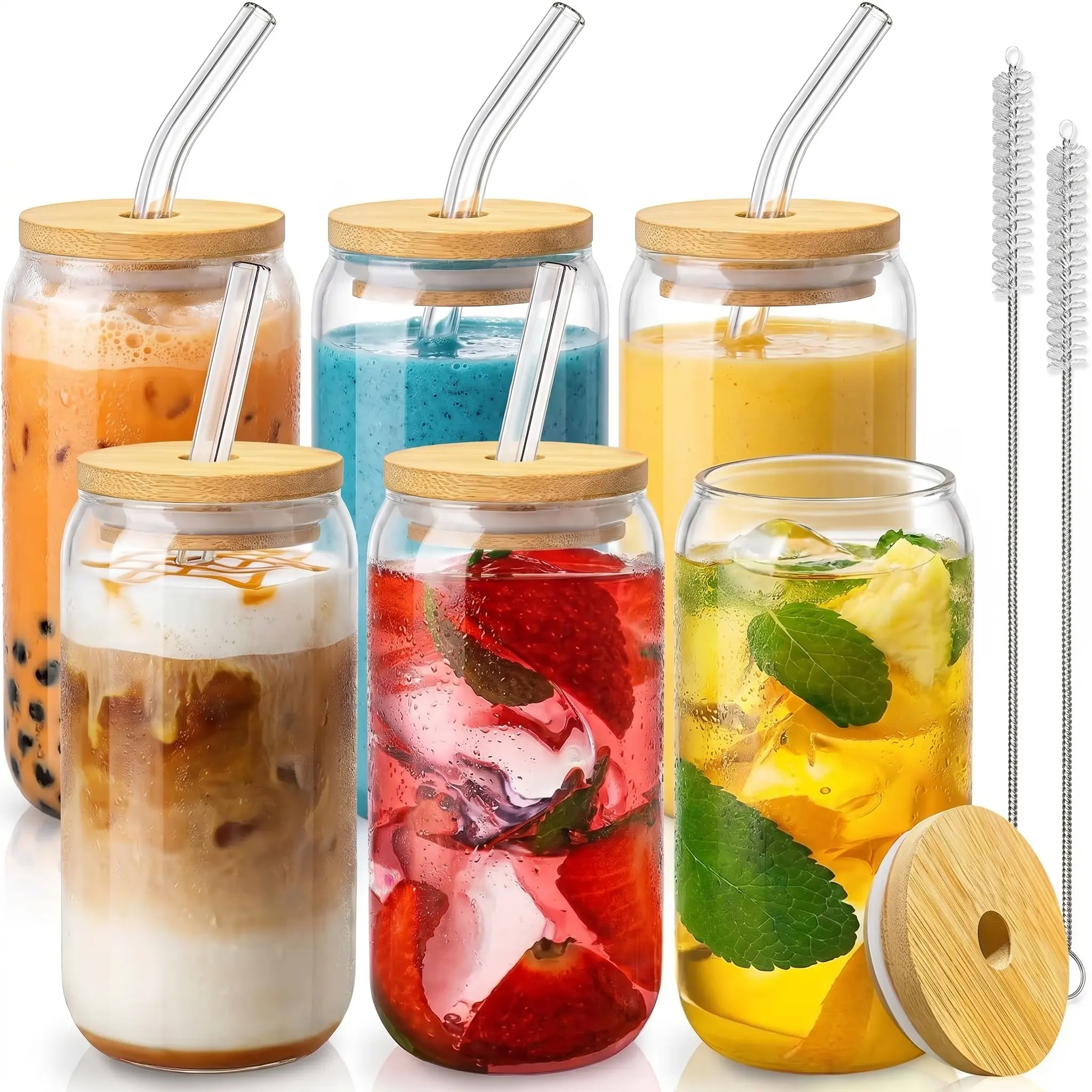 Thickened High Transparent Can Glass Set Dust Proof Bamboo Lids Bent Glass Straw Cleaner Personalized Diy Stickers