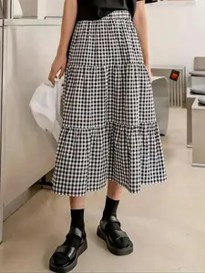 2026 Vintage Sweet Cool Style Plaid Skirt, Layered Hem Design, Perfect for Daily, Stylish, Aesthetic and Checkered A-Line Midi, Elevated Basics, Seasonless, Year Round, Fashion, Cozy, Classy, On The Go