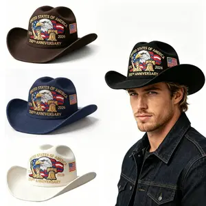 250th Anniversary Western Cowboy Hat, Vintage Patriotic Eagle Print Wide Brim Hat for Festivals & Outdoor Wear