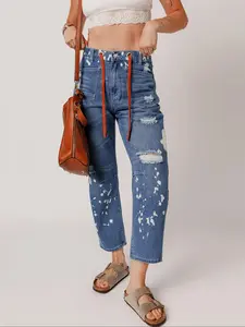 New Trendy Drip Painted Jeans, Straight Loose Fit Denim Nine-Point Pants, Vintage Ripped Long Jeans for Women