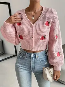 New Summer Autumn Strawberry Pattern Embroidered Button Drop Shoulder Long Sleeve Knitted Cardigan, Casual Elegant Lady Women's Sweater Jacket Top