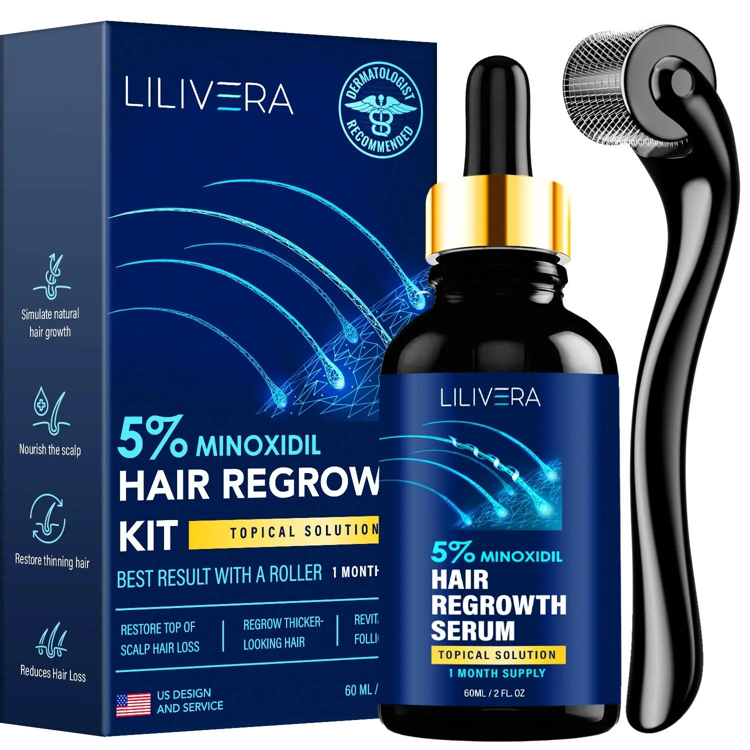 Lilivera 5% Minoxidil for Men and Women kit, Hair Growth Serum with tool- with B...