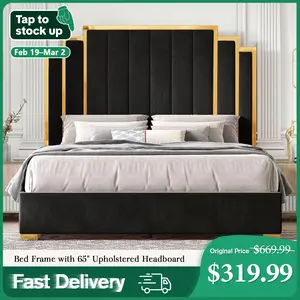 [FebruaryStockUpSale] AMERLIFE Bed Frame with 65" Headboard, Upholstered Platform Bed with Golden Plating Trim, Modern Luxury Bed Frame, No Box Spring Needed/No Mattress/Queen/King//Unique Bedroom Furniture/Best Gift Ideas/Christmas Gifts