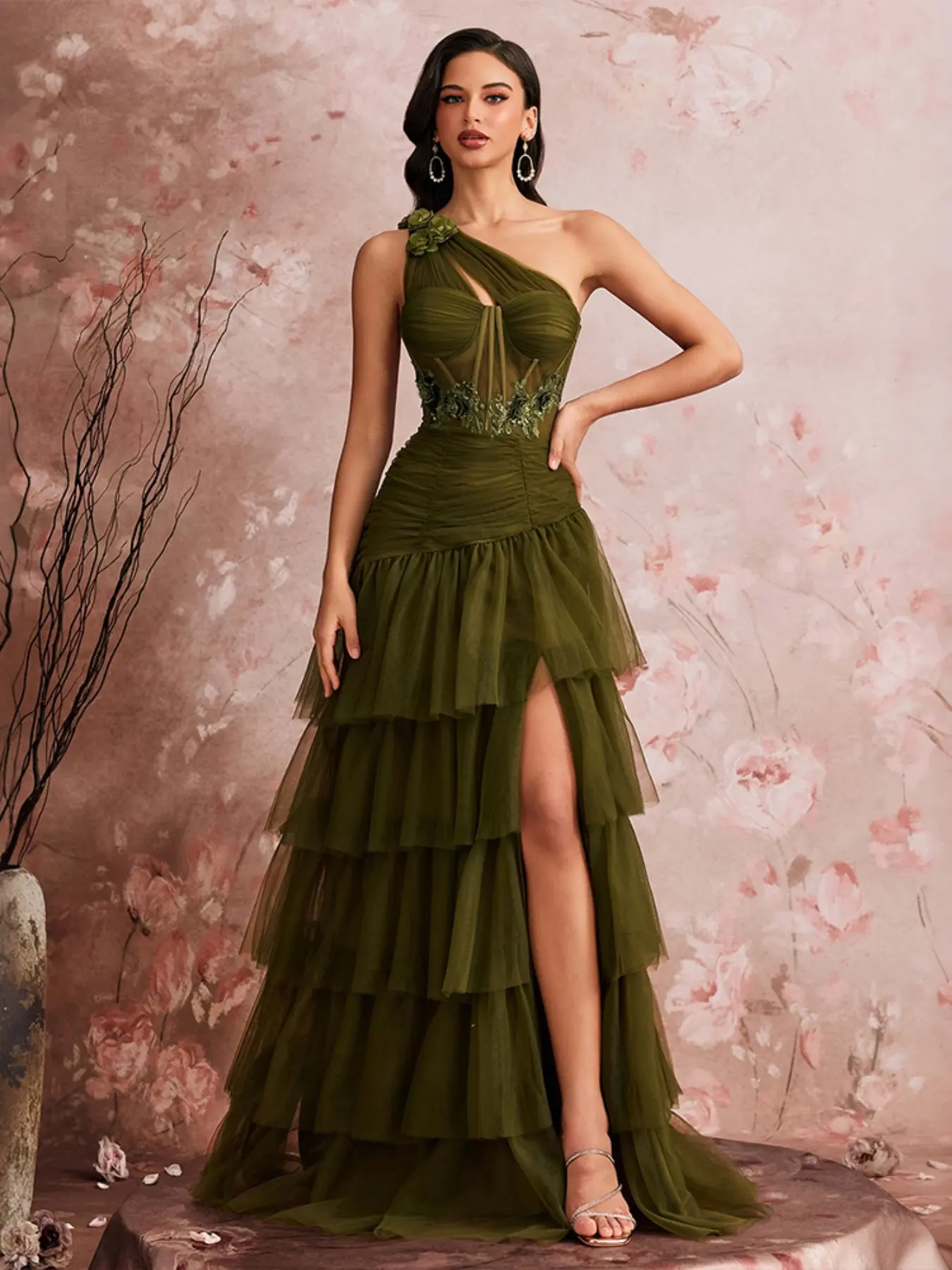 One-Shoulder Bodycon Fit Mesh Evening Glam Gown, Floral Decoration Layered Long Chic Formal Dress, High Split Design, Elegance, Perfect for Graduation Dance, Wedding Guests, Dinner Parties