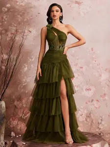 One-Shoulder Bodycon Mesh Evening Gown, Floral Decoration Layered Long Chic Formal Dress, High Split Design, Perfect for Graduation Dance, Wedding Guests, Dinner Parties