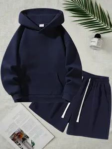 Men's Casual Solid Color Sportswear Set, Hooded Sweatshirt & Shorts, Matching Sweat Set, Unisex Two-Piece Homewear, Suitable for Daily Wear and Outdoor Activities, Workout Sets