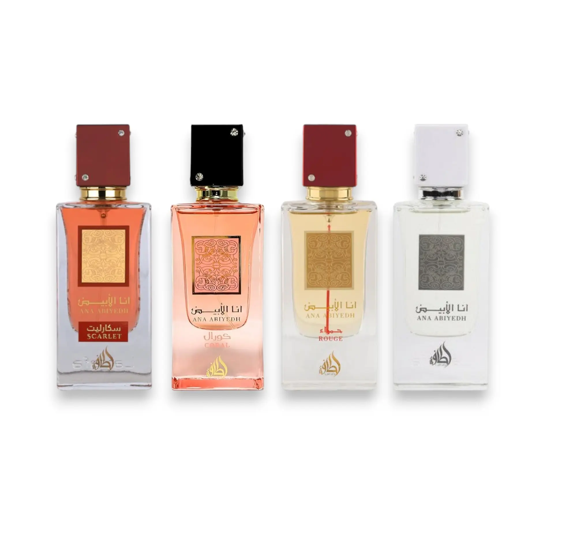 Lattafa Ana Abyiedh Multi-Pack Eau De Parfum (Scarlet, Coral, Rouge, White) - 60 ML Alcohol-Base Unisex Fragrance with Black Cherry-Watermelon, Cherry-Vanilla Notes for Evening Wear