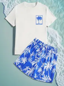 Two-Piece Set Men's Tropical Coconut Tree Print Tee & Random Letter Print Shorts Set, Regular Fit Casual Short Sleeve Round Neck T-shirt & Shorts, Men's Summer Clothes for Beach Vacation