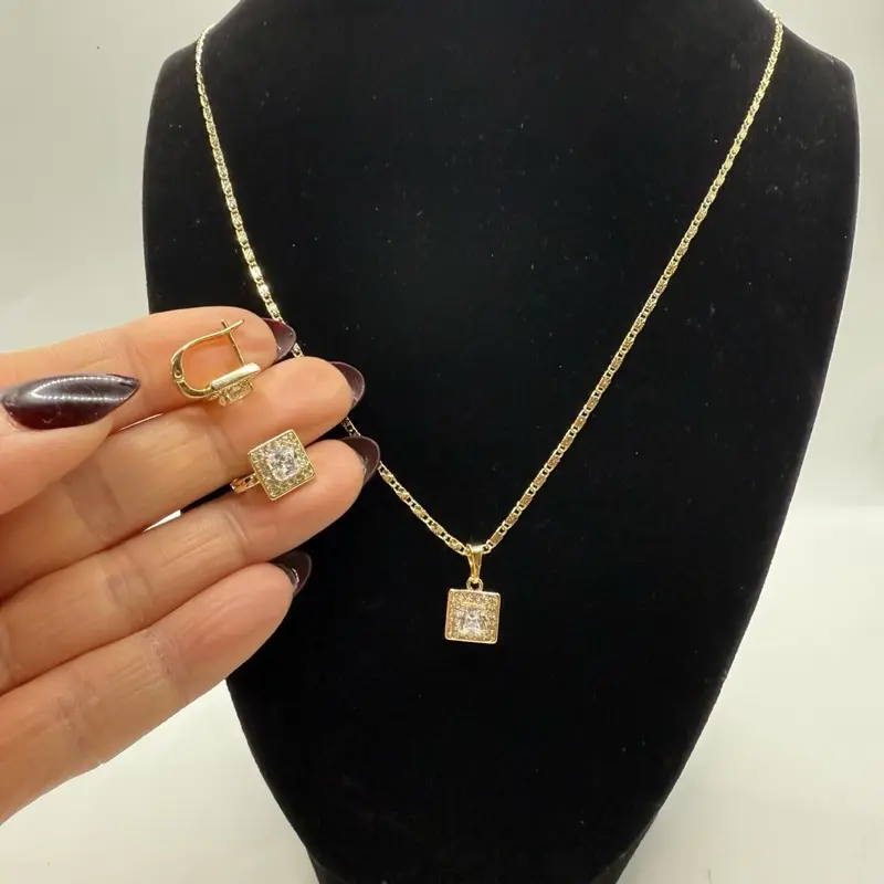 14k Laminated Gold Pendant Necklace & Earrings Set Hypoallergenic Square Design Jewelry