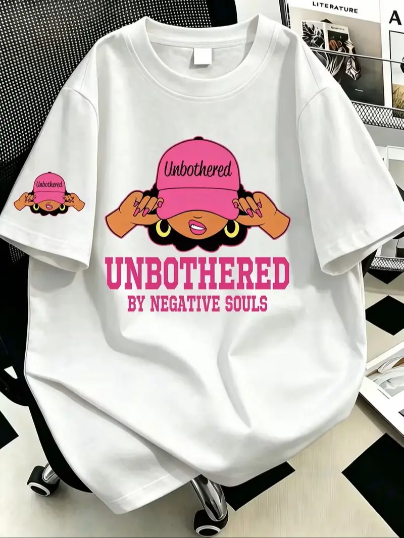Unbothered By Negative Souls Black Queen Graphic Cotton T-Shirt, Inspirational Pink Cartoon Lady Sleeve Print Casual Short Sleeve Tee