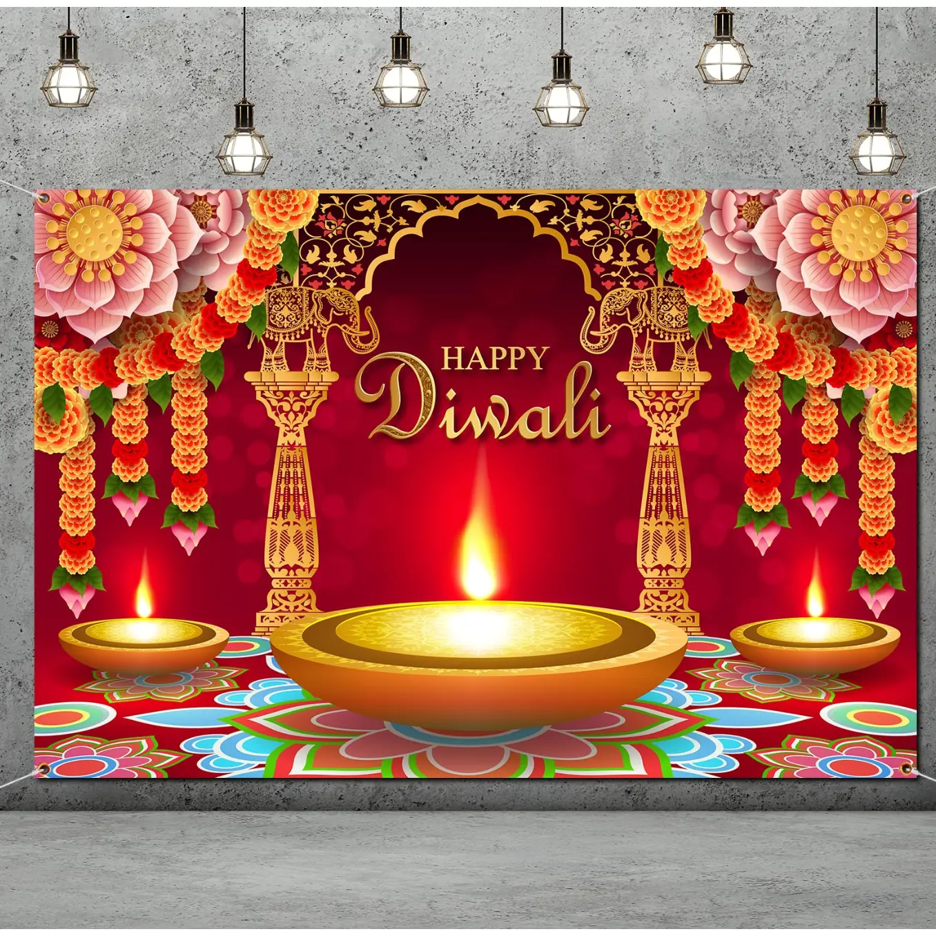 Cotton Watercolour Geometric Diwali Cloth Print Tapestry - Strong 30x40inch Easy-Remove Home Festival Decor, Deepavali Pooja Photo Booth Prop, Linen, Lightweight