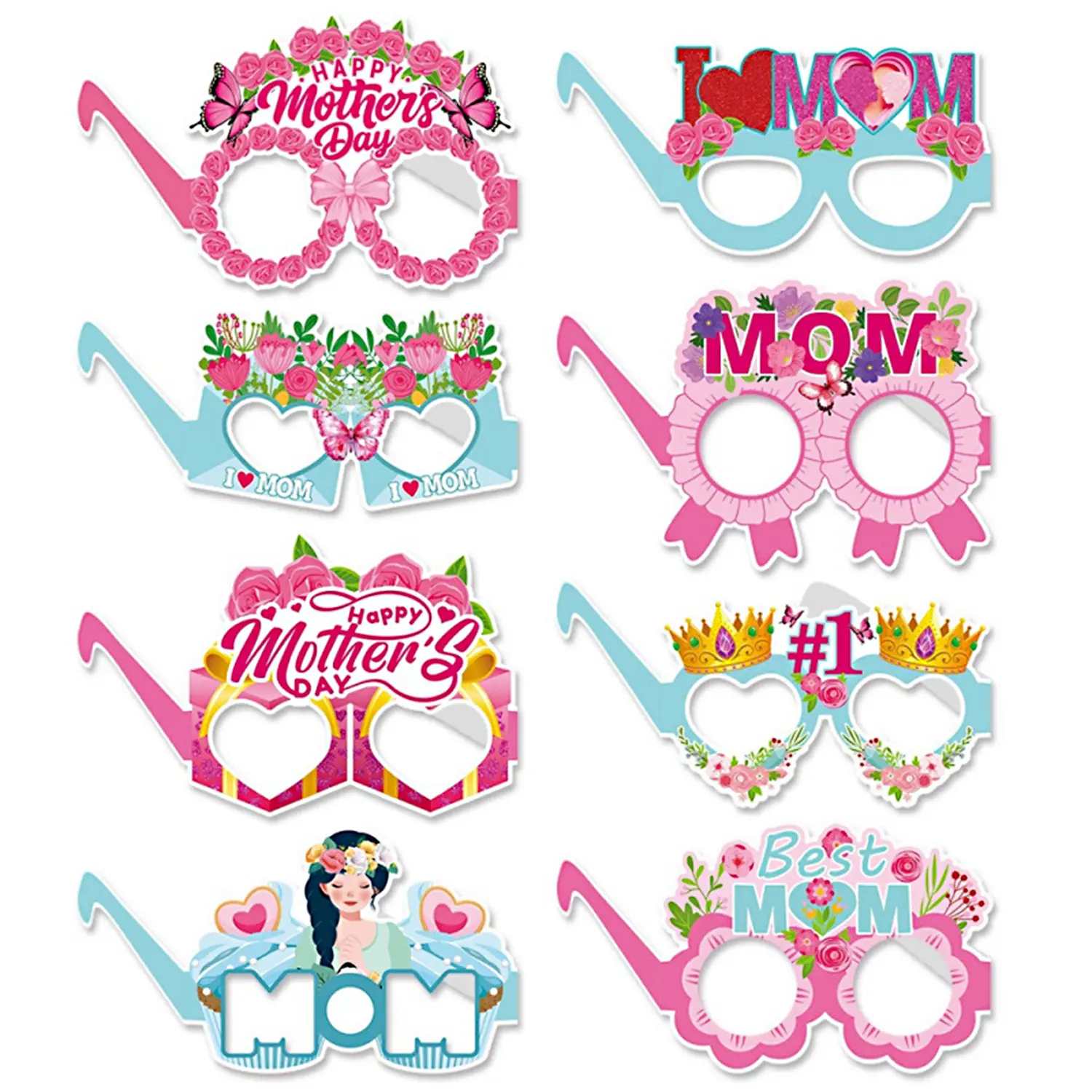 8-Pack Durable Floral Eyeglass Masks for Adults, Colorful Vibrant Quality Paper Home Supplies Accessories, 8 x Mother’s Day Gift for Moms, Holiday Party Decor Photo Props