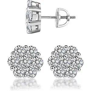 Moissanite Stud Earrings for Men and Women, Sterling Silver S925 Flower Cluster 7-Stone Screw Back Stud Earrings