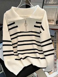 Casual Striped Zip Neck Long Sleeve Sweater for Women, Loose-Fitting Pullover with Collar, Versatile Fall & Winter Knitwear, Tops