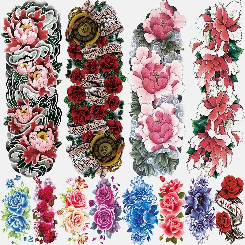 12 Sheets Temporary Tattoo Sleeves, 4 Full Arm Lotus Rose Tattoos, 8 Colorful Peony Roses, Realistic Floral Fake Body Art Stickers, Tattoo Paper, Ephemeral Tattoos, Aesthetic Tattoo Merch