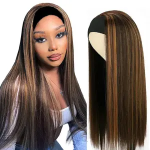"Glueless Headband Wig for Black Women - 24Inch Straight Synthetic Hair with 4/27 Blonde Highlights, 180% Density No Lace Front Easy Wear"