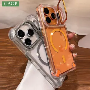 Luxury Transparent Airbag Case For iPhone 17 16 15 14 12 13 Pro Max Plus Air for Magsafe Transparent Camera Stand Holder Cover