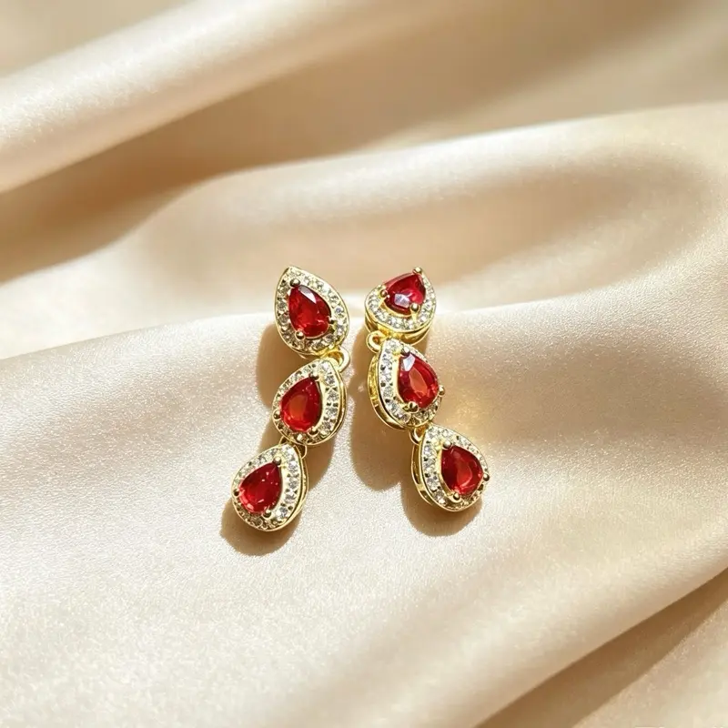 <PingEast jewelry >EZP201---- 925 Sterling Silver Drop Earrings Set with Three 3*4mm Eye-Clean Pear-Shaped Natural Sri Lankan Red Sapphires. Comes with a Certificate