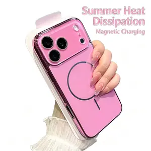 iP17/16Promax phone case with electroplating coating,complete 15/14/13/12 magnetically attached charging function. This is a summer cooling glass protection case for smartphones that can prevent drops. It features a girl's pink design for the lens cover.