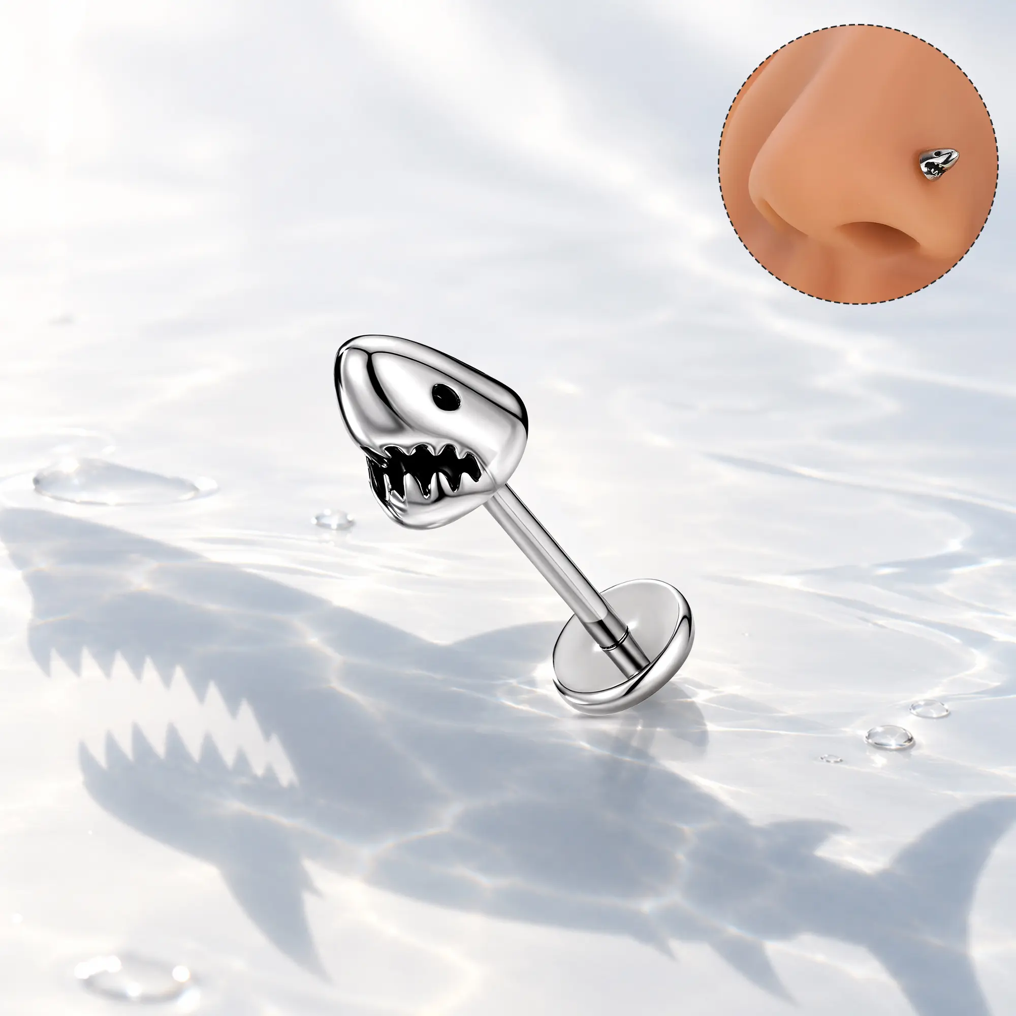 OUFER Shark head 20G push pin flat back stainless steel nose stud, stud nose ring, nosering for women