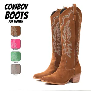 Cowboy Boots For Women Knee High Boot Pointed Toe Chunky Block Heel Pull On Embroidered Wide Calf Fashion Retro Chic Party Date Dress Concert Night Club Western Trendy Cowgirl Tall Boots