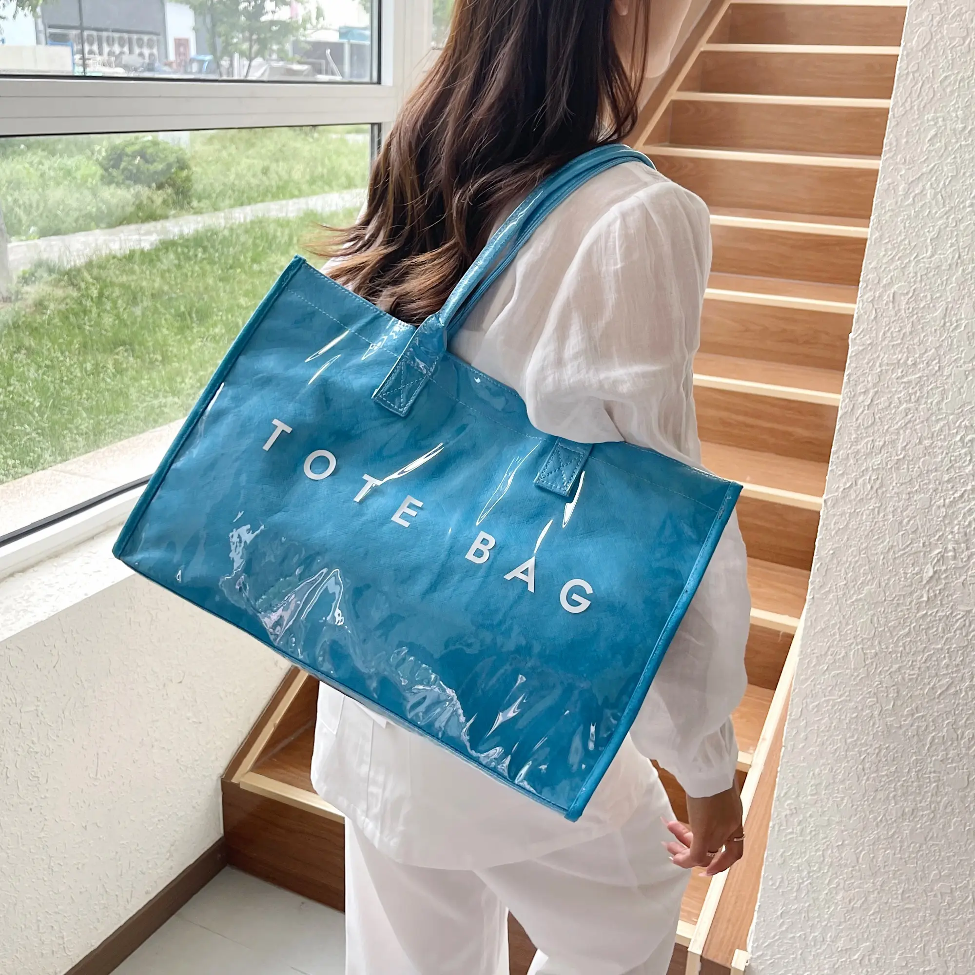 Retro minimalist style tote bag, DuPont paper handbag, fashionable letter print large shopping bag, women's PVC waterproof handbag, women's work tote bag, travel weekend bag, large-capacity commuter backpack