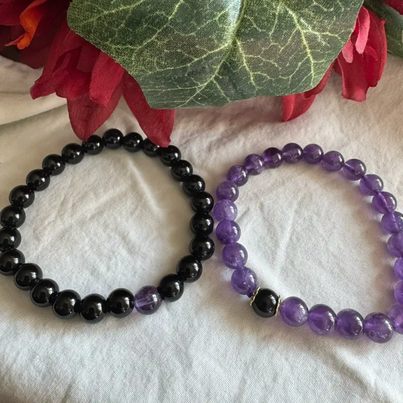 Natural Amethyst and Black Obsidian Bracelets for Couples - Natural Beads with Unique Color Variations Healing Elastic