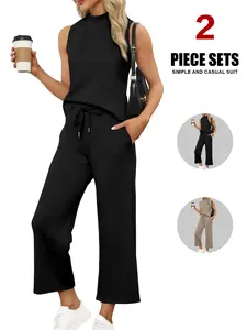 Women's Two Piece Summer Set, Mock Neck Top & Wide Leg Crop Pants, Comfortable Lounge Wear for Vacation & Travel